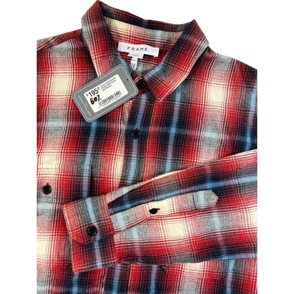 NEW‎ Frame Mens Plaid Double Pocket Shirt Button Up Red Classic Cotton Preppy